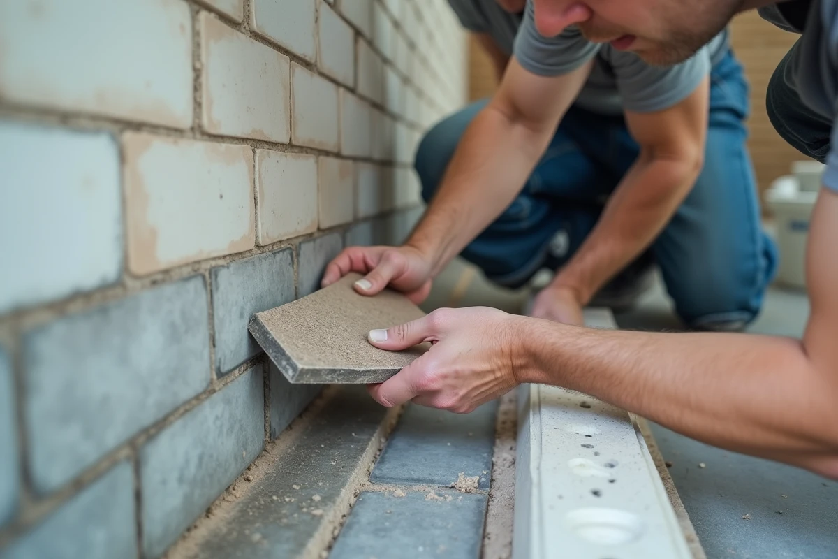 Artisan carreleur posant du carrelage mural par-dessus l'ancien revêtement dans une salle de bain en cours de rénovation