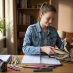 Adolescente souriante qui prépare son sac scolaire avec des fournitures bien organisées sur un bureau en bois dans une chambre cosy