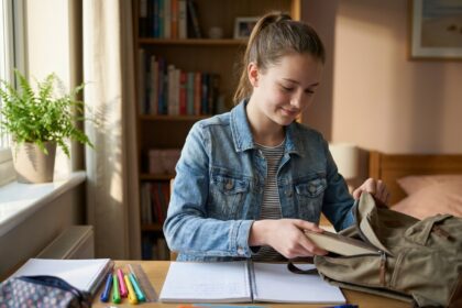 Adolescente souriante qui prépare son sac scolaire avec des fournitures bien organisées sur un bureau en bois dans une chambre cosy
