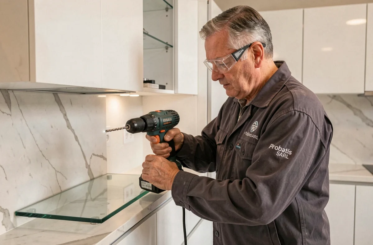 Technicien Probatis SARL installant une étagère en verre sur mesure dans une cuisine rénovée à Lyon