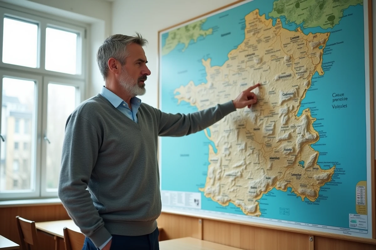 Professeur de géographie expliquant la superficie et les départements de la Normandie devant une carte murale en classe