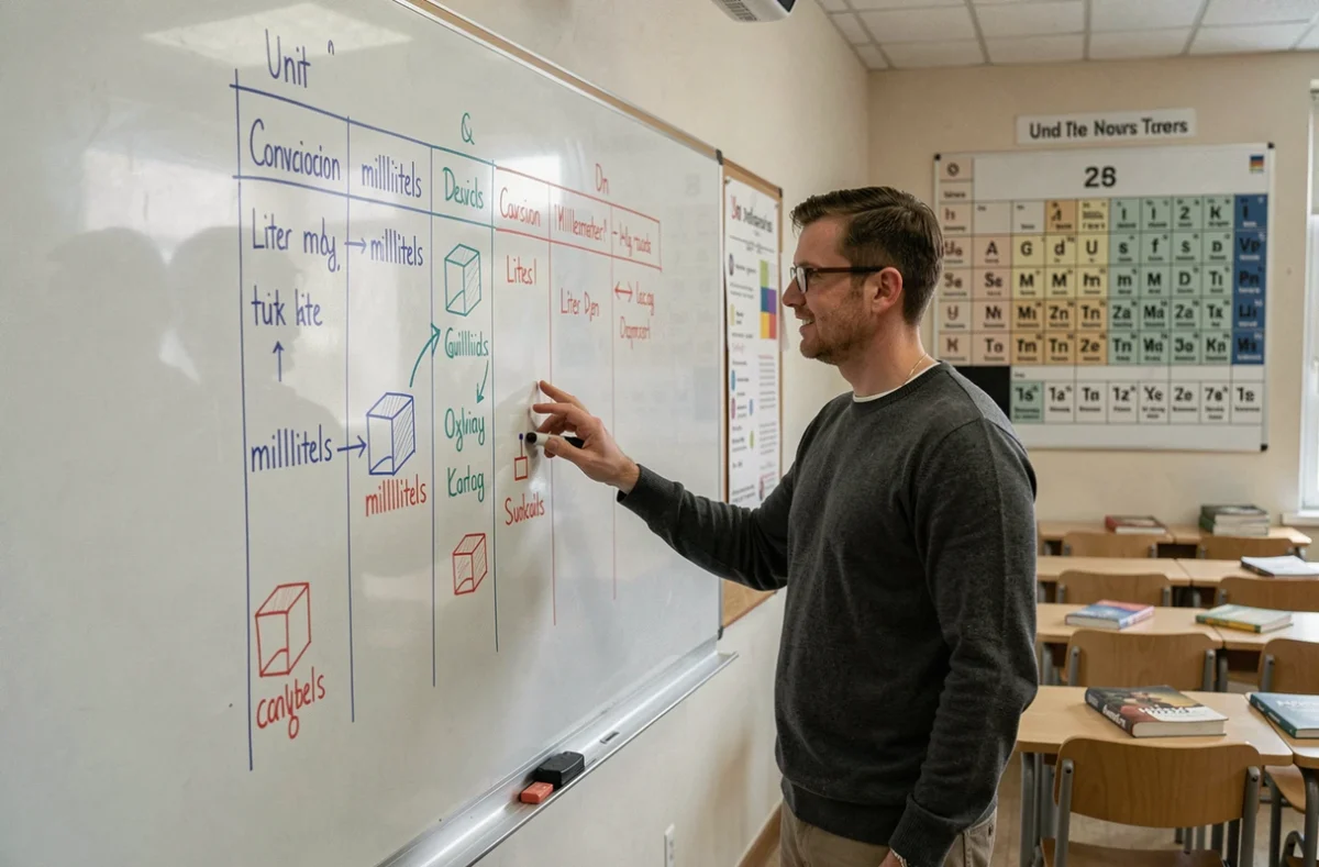Professeur de physique expliquant un tableau de conversion litre en mètre cube au tableau blanc