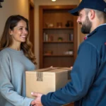 Femme recevant un colis GLS à la porte de son appartement avec un livreur en uniforme