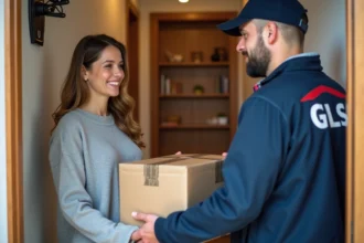 Femme recevant un colis GLS à la porte de son appartement avec un livreur en uniforme