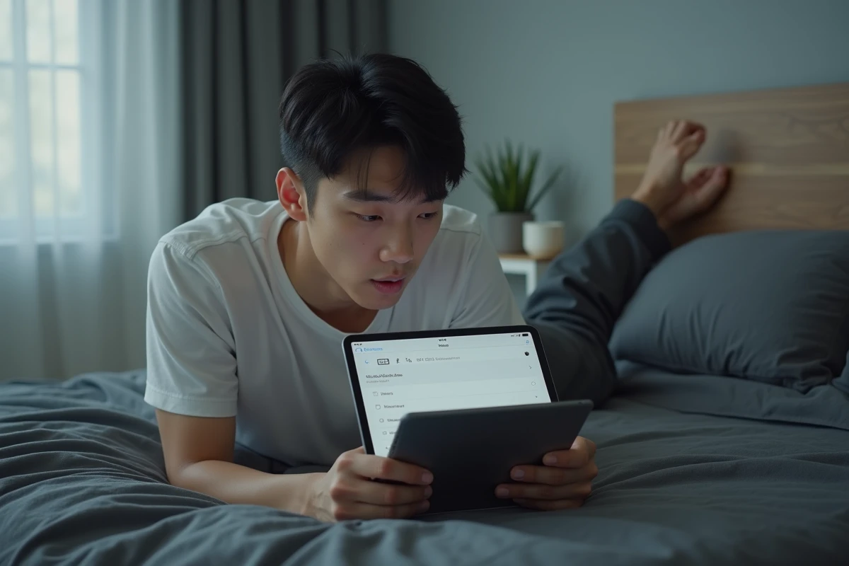 Homme allongé sur son lit consultant les réglages de confort de lecture manga sur tablette avec l'application Epsilone.scan