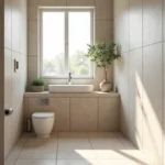 Salle de bain rénovée avec carrelage grès cérame grand format posé sans démolition, vasque blanche et robinetterie chromée minimaliste