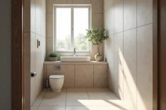 Salle de bain rénovée avec carrelage grès cérame grand format posé sans démolition, vasque blanche et robinetterie chromée minimaliste