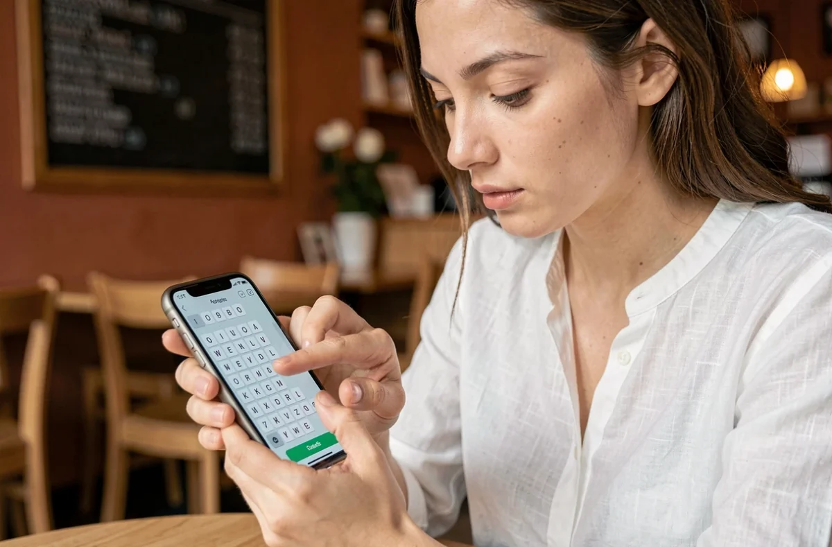 Une jeune femme repère les lettres rares sur une grille de jeu de mots affichée sur son smartphone dans un café