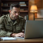 Réserviste militaire français en uniforme consultant le site Opex360 sur un ordinateur portable dans un bureau à domicile