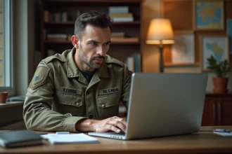 Réserviste militaire français en uniforme consultant le site Opex360 sur un ordinateur portable dans un bureau à domicile