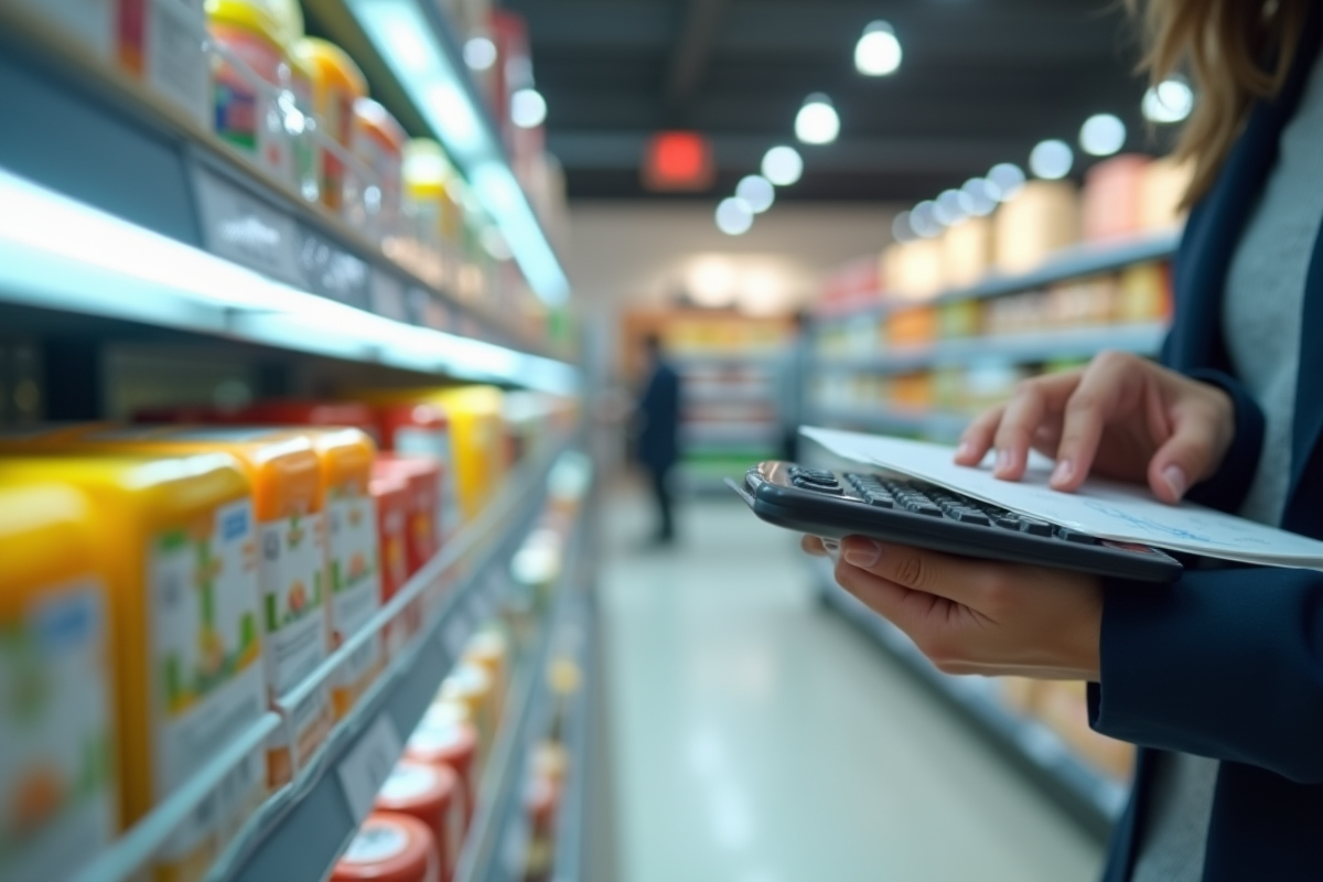 Main remettant un produit sur une étagère de supermarché avec liste et calculatrice
