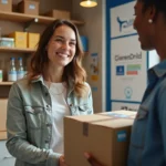 Femme détendue vérifiant un colis au point Mondial Relay