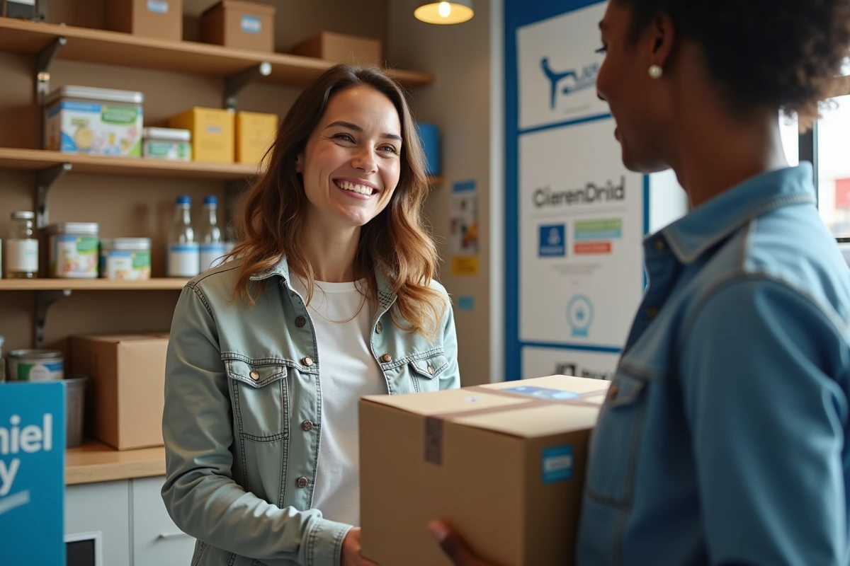 Femme détendue vérifiant un colis au point Mondial Relay