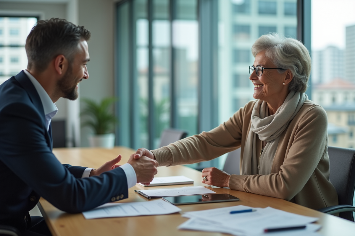 Femme âgée et conseiller immobilier lors d