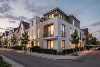 Rue résidentielle européenne au crépuscule avec fenêtres éclairées