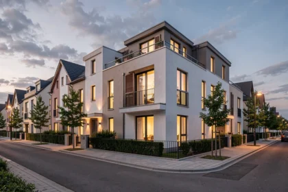 Rue résidentielle européenne au crépuscule avec fenêtres éclairées