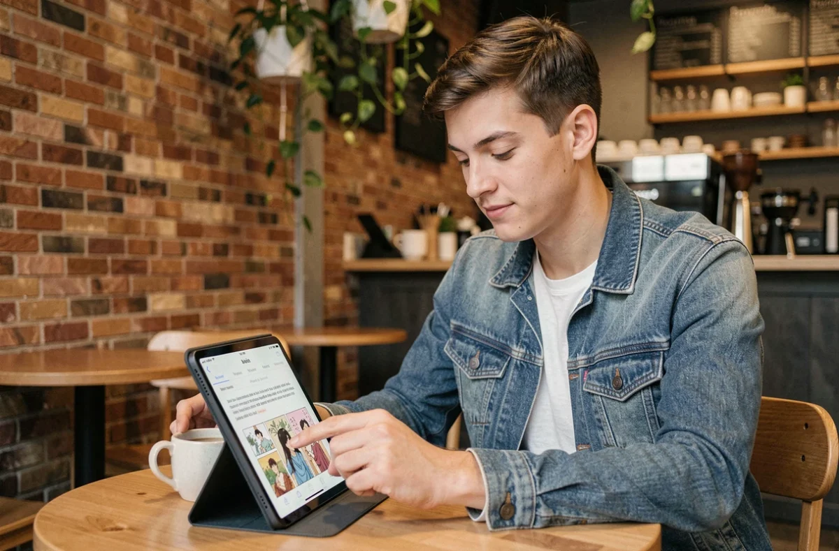 Jeune homme lisant un scan manga en version française sur une tablette dans un café urbain