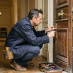 Serrurier professionnel intervenant devant une porte d'appartement haussmannien à Paris