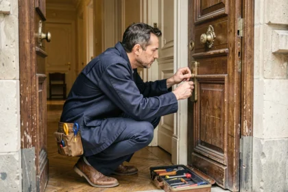 Serrurier professionnel intervenant devant une porte d'appartement haussmannien à Paris