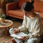Femme contemplant la signification des nombres 22 et 20 de la flamme jumelle dans un journal intime posé sur ses genoux