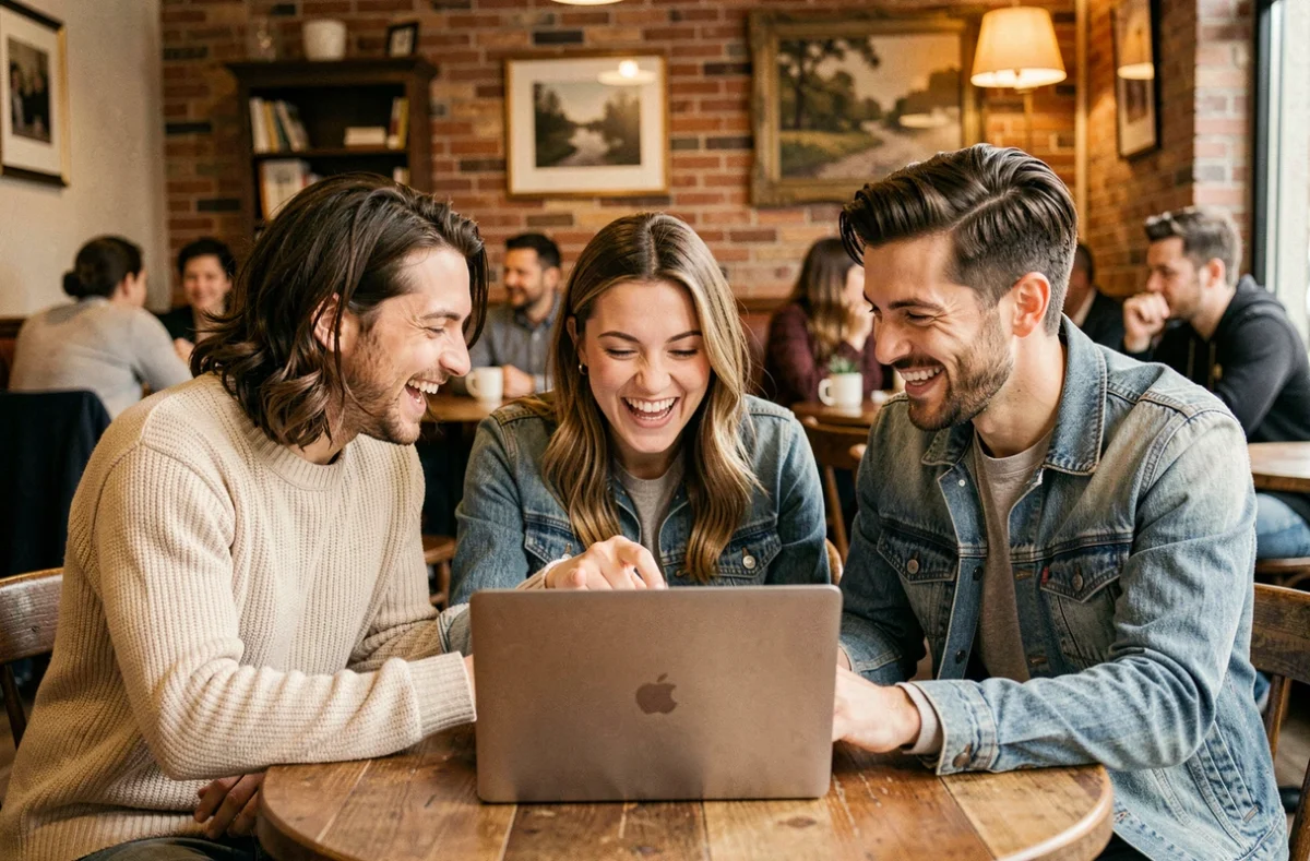 Groupe d'amis hilares redécouvrant ensemble d'anciens profils Skyblog sur un ordinateur portable dans un café branché