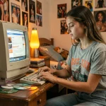 Jeune femme nostalgique consultant un ancien blog sur un ordinateur rétro des années 2000 dans une chambre d'adolescente décorée de posters