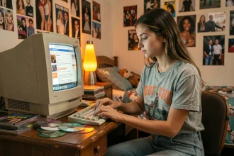 Jeune femme nostalgique consultant un ancien blog sur un ordinateur rétro des années 2000 dans une chambre d'adolescente décorée de posters