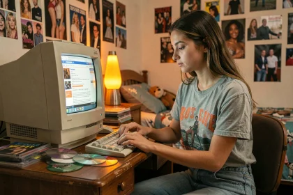 Jeune femme nostalgique consultant un ancien blog sur un ordinateur rétro des années 2000 dans une chambre d'adolescente décorée de posters