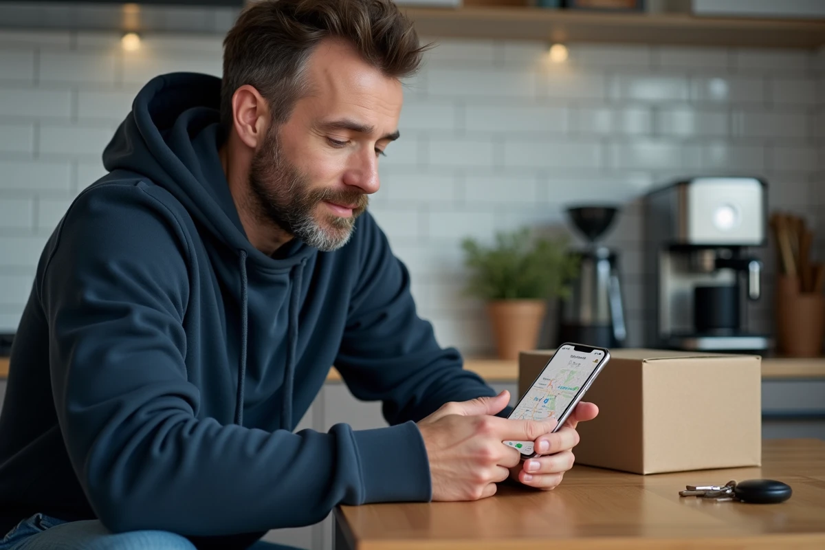 Homme consultant le suivi de livraison GLS FlexDeliveryService sur son smartphone dans une cuisine