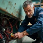 Technicien Aunis Motonautic inspectant le circuit électrique d'un bateau dans un atelier de réparation nautique