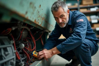 Technicien Aunis Motonautic inspectant le circuit électrique d'un bateau dans un atelier de réparation nautique
