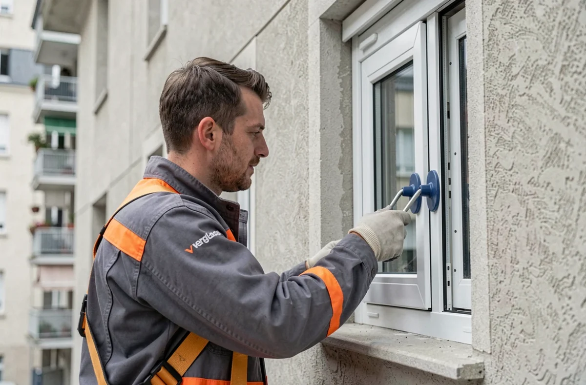 Technicien Verglass installant un double vitrage sur un immeuble résidentiel à Lyon