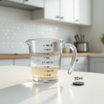 Verre mesure 30 ml sur plan de travail lumineux