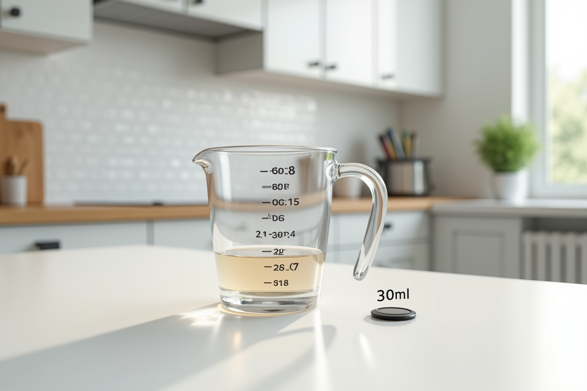 Verre mesure 30 ml sur plan de travail lumineux