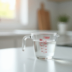 Verre mesureur rempli à 80 ml sur plan de cuisine lumineux