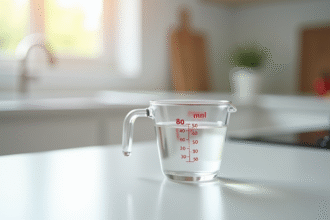 Verre mesureur rempli à 80 ml sur plan de cuisine lumineux