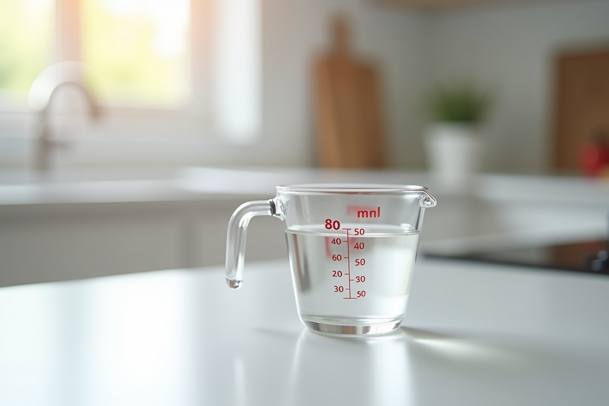 Verre mesureur rempli à 80 ml sur plan de cuisine lumineux