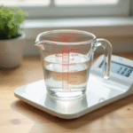 Verre mesureur rempli à 100 ml d'eau sur plan de cuisine lumineux