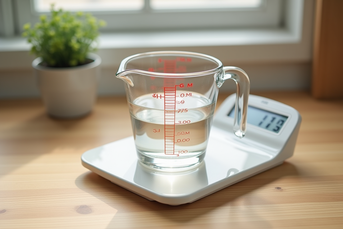 Verre mesureur rempli à 100 ml d'eau sur plan de cuisine lumineux