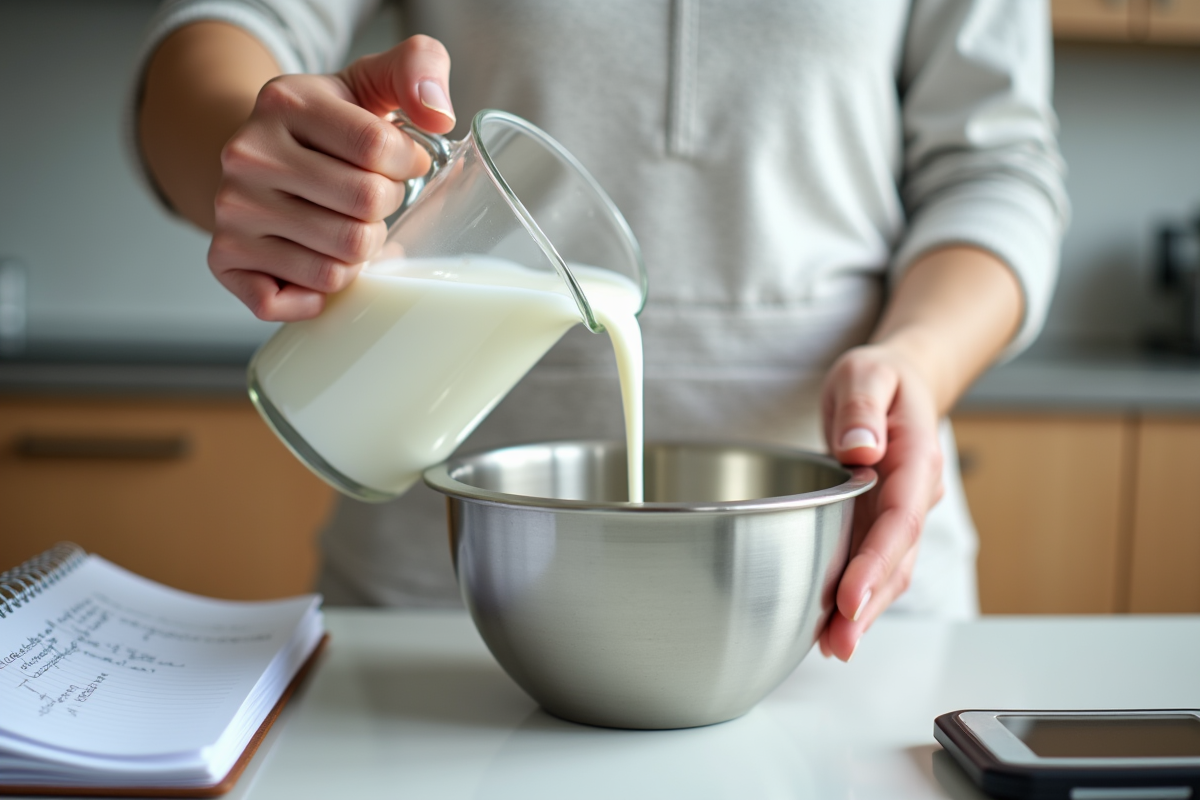 Main versant du lait dans un bol en acier inoxydable sur table lumineuse