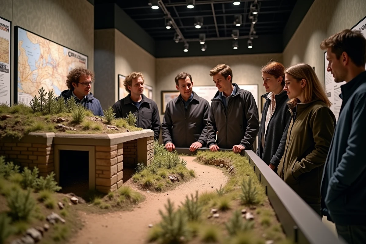 Touristes observant une maquette de bunker de la WWII